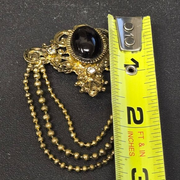 VTG Germany Baroque Revival Gold Tone Brooch Black Cabochon Rhinestones FLAW - Picture 9 of 10